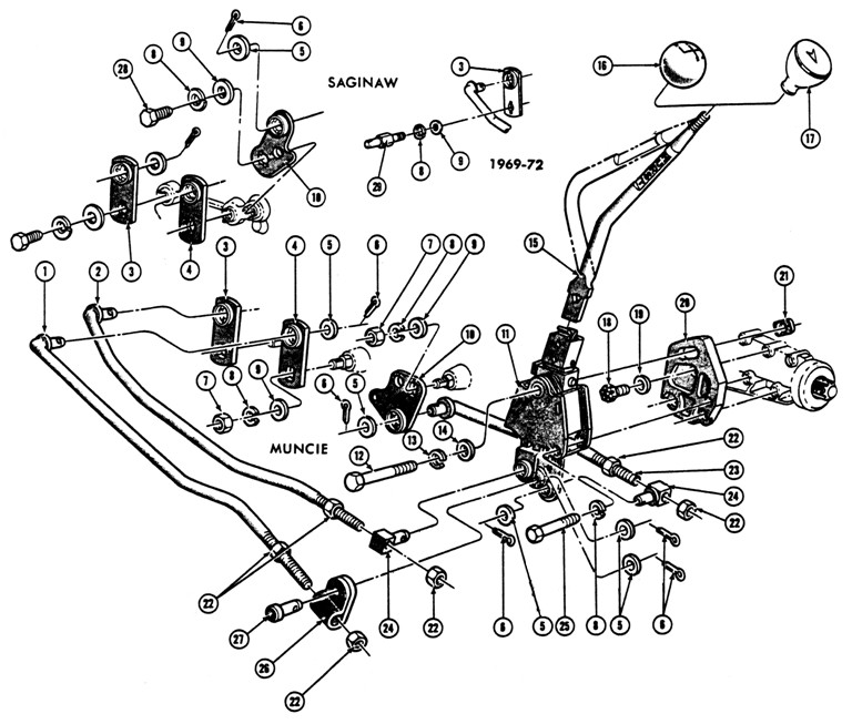 1967-72 Pontiac 4 spd. Floor Shift Control  Exploded View