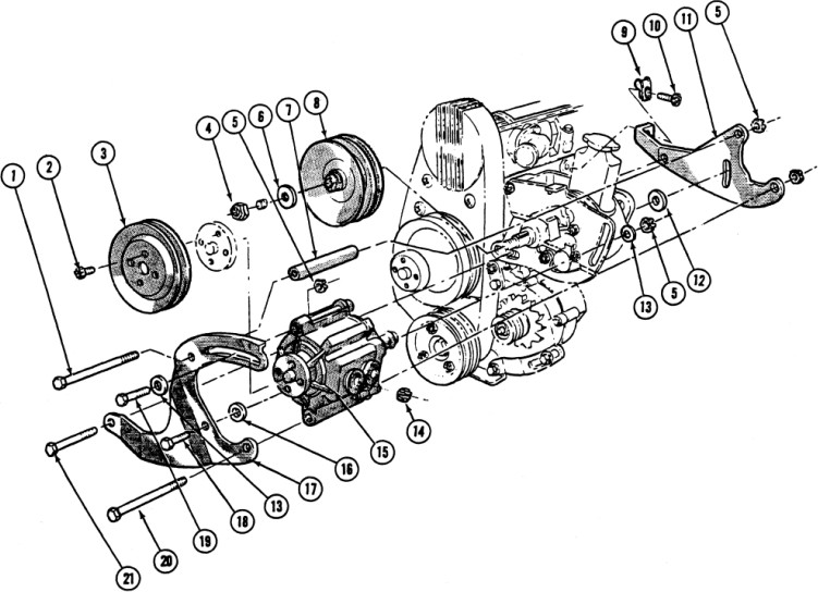 1967 Firebird 6 Cyl. Air injection Pump Installation Exploded View