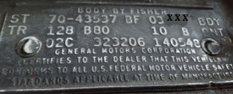 1970 Buick body Data Plate